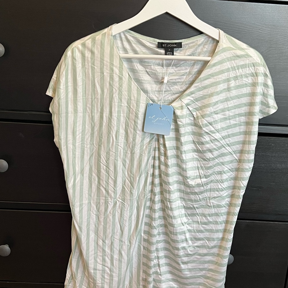 St. John Short Sleeve Top - Light Green and White Stripes